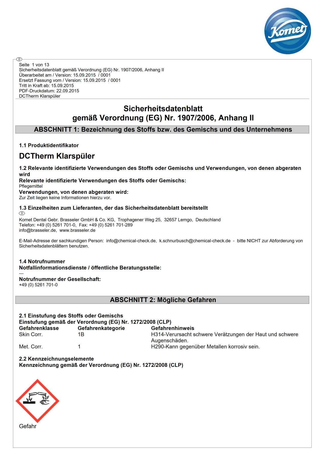 Sicherheitsdatenblatt DCTherm Klarspüler Komet Magazin