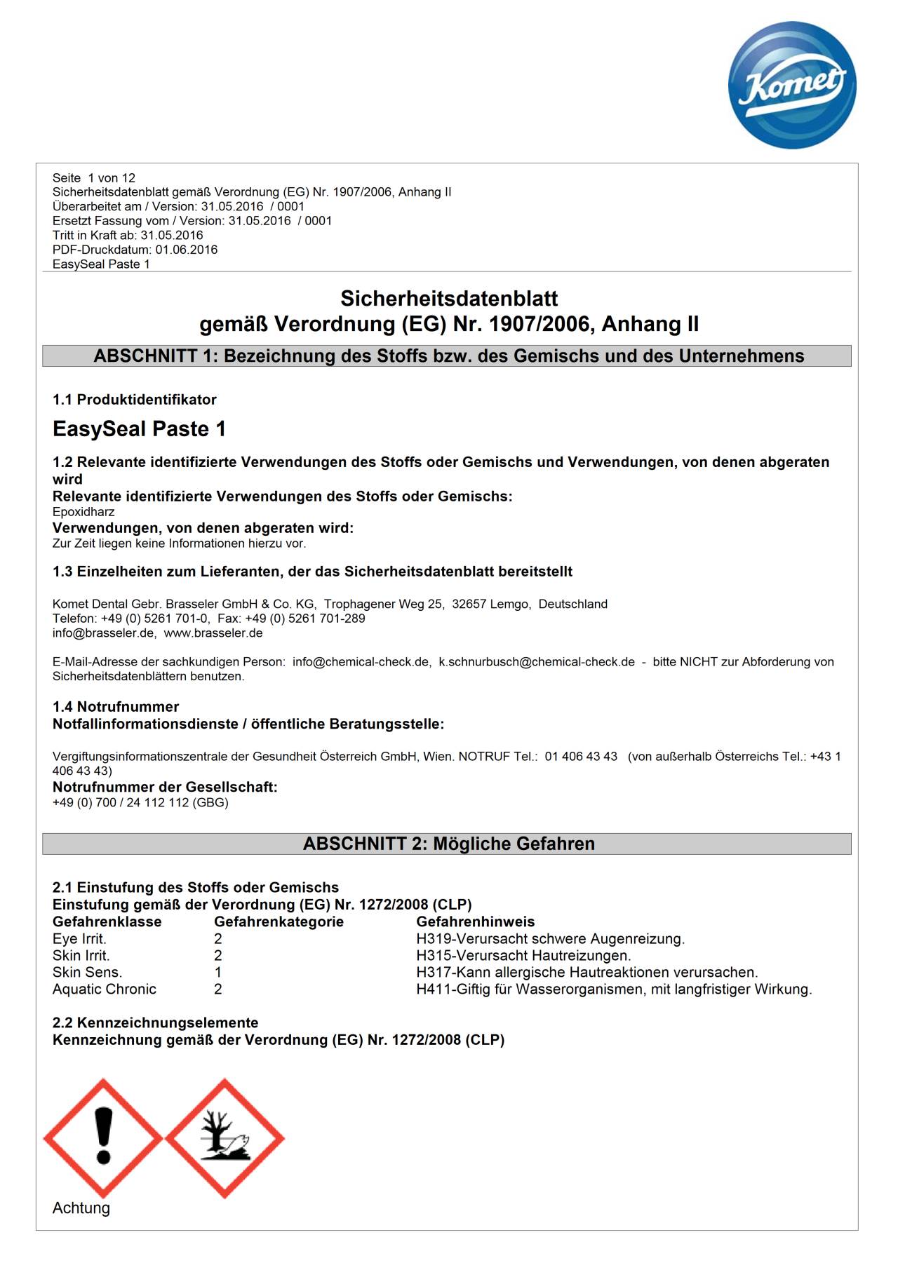 Sicherheitsdatenblatt EasySeal Paste 1+2 › Komet Magazin